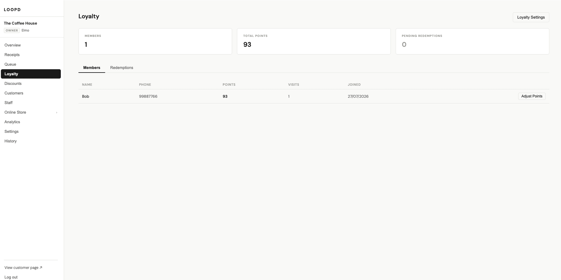 The loopd loyalty page showing member points balances and visit history