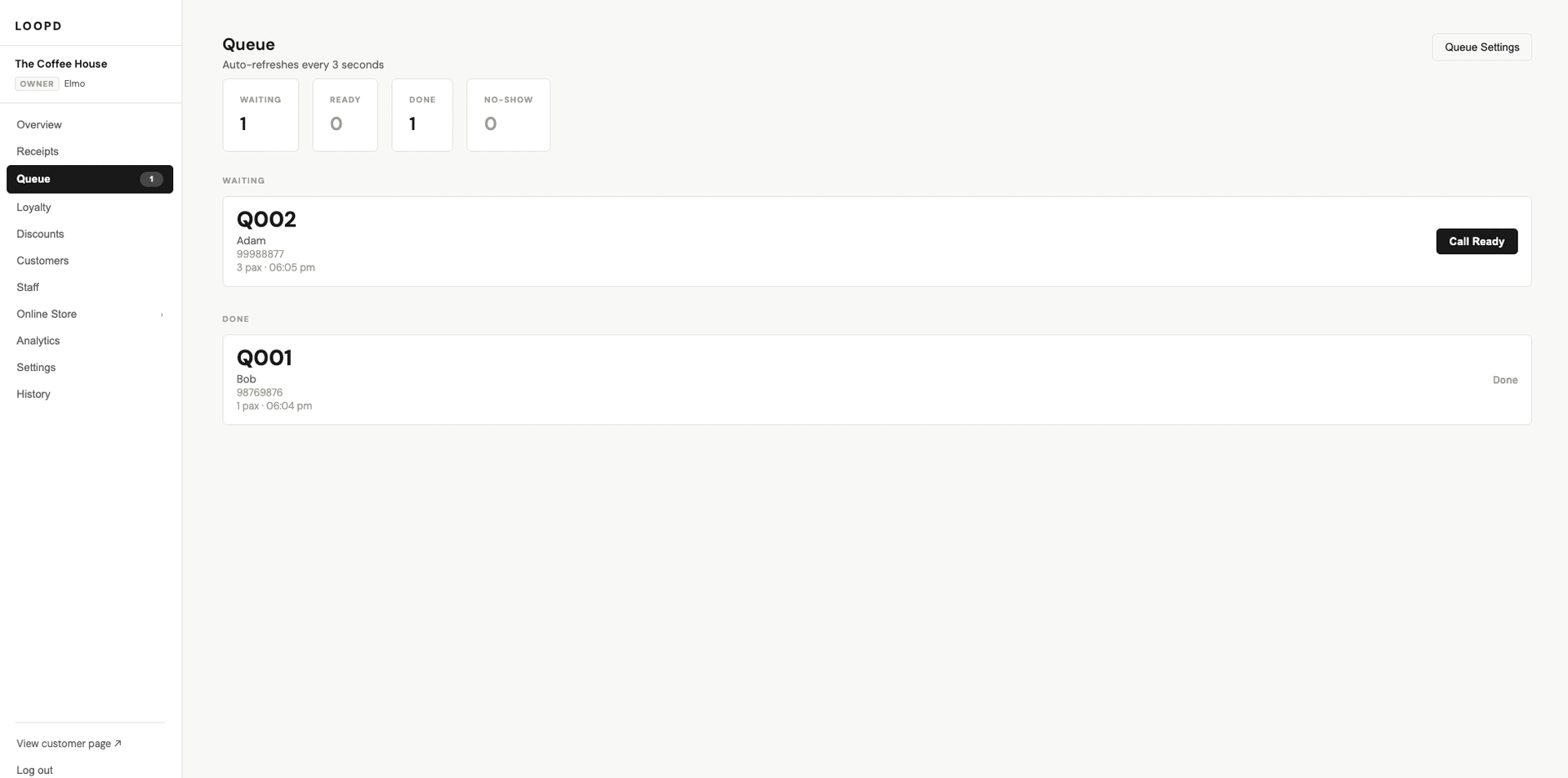 The loopd queue management page showing customers waiting and served, updating automatically